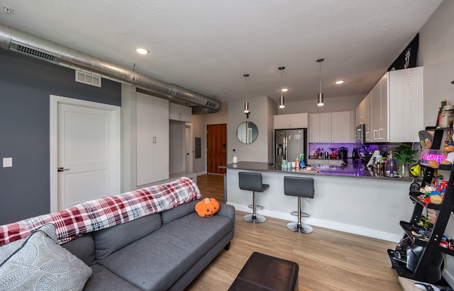 living room featuring light hardwood / wood-style floors and a textured ceiling