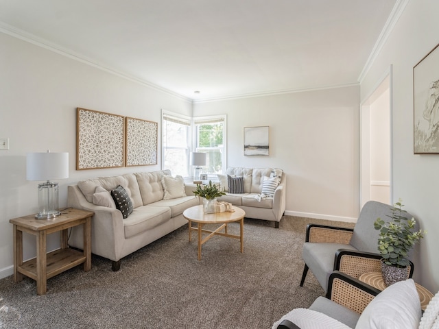 living room with carpet flooring and ornamental molding