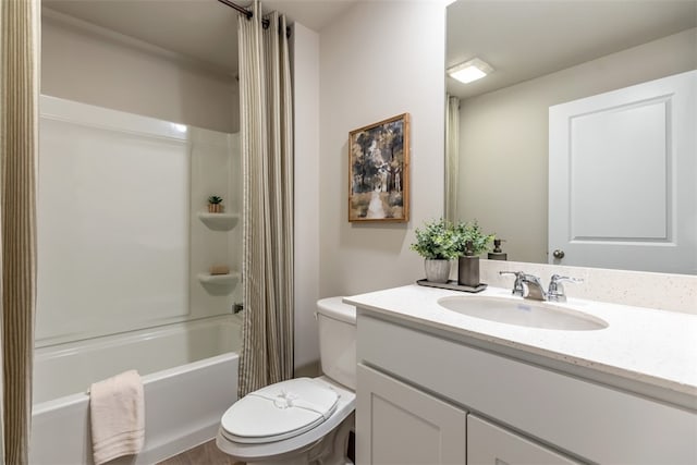 full bathroom with toilet, vanity, and shower / tub combo with curtain