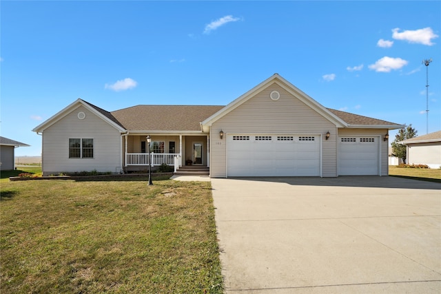 ranch-style home featuring covered porch, driveway, a front lawn, and a garage