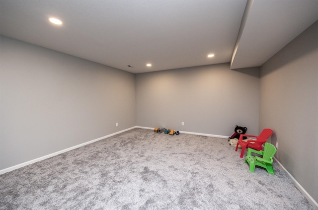 recreation room featuring recessed lighting, carpet flooring, and baseboards