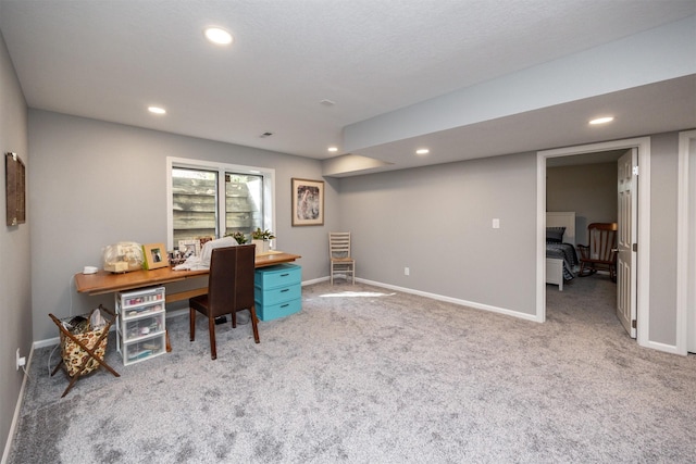 home office with recessed lighting, carpet, and baseboards