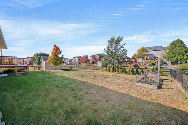 view of yard with a fenced backyard, a garden, and a residential view