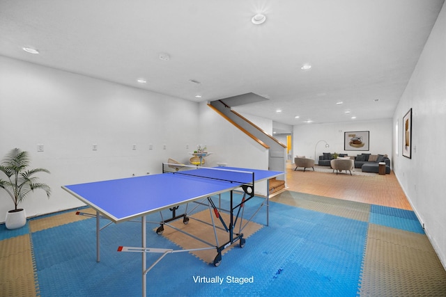 game room featuring recessed lighting, baseboards, and carpet floors