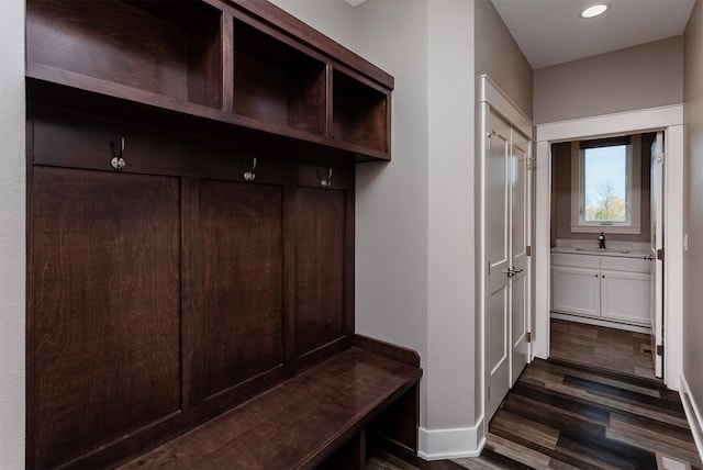 mudroom featuring sink and dark wood-type flooring