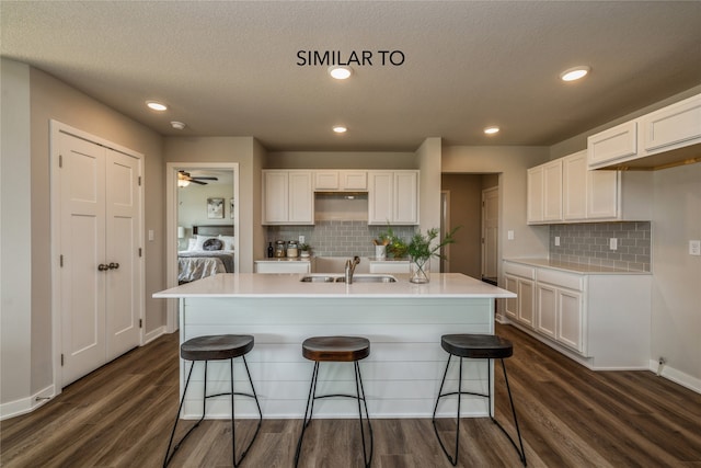 kitchen with white cabinets, sink, and a kitchen island with sink