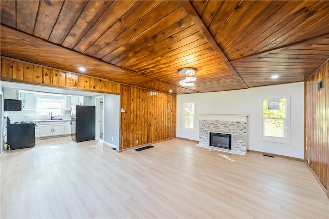 unfurnished living room featuring sink, light wood-type flooring, wooden ceiling, and wood walls