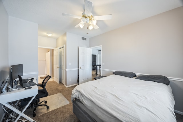 bedroom with carpet floors, a closet, and ceiling fan