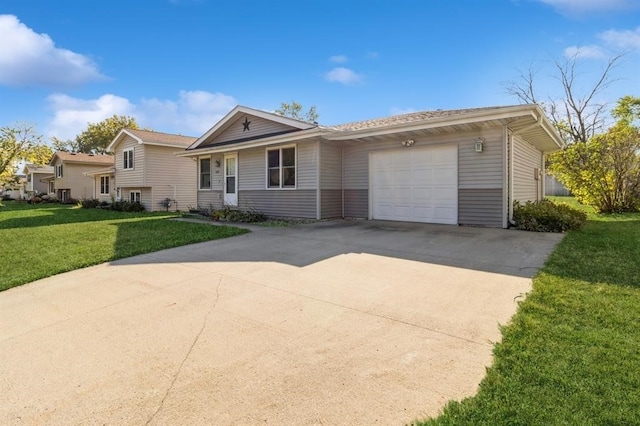 ranch-style house with a front yard and a garage