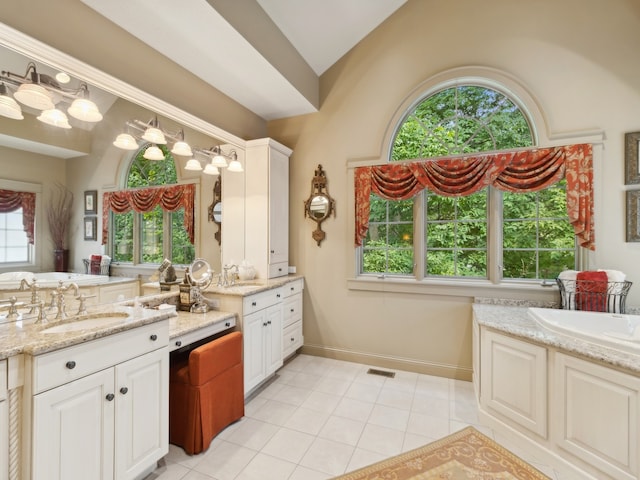 bathroom featuring vanity, lofted ceiling, and plenty of natural light