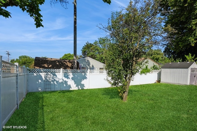 view of yard featuring a storage shed