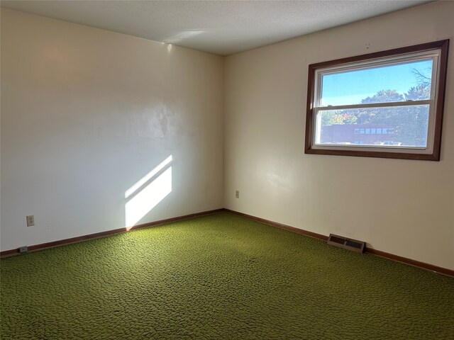 unfurnished room with a textured ceiling, carpet, and golf simulator