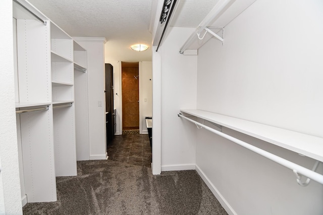 spacious closet featuring dark carpet