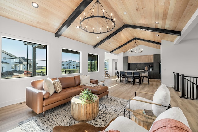 living room with light hardwood / wood-style floors, a notable chandelier, wood ceiling, and vaulted ceiling with beams