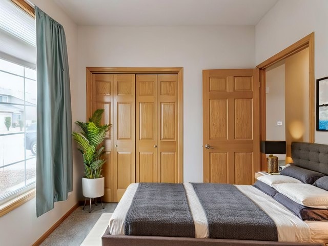 bedroom featuring a closet and carpet floors