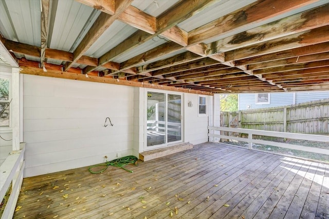 wooden terrace featuring fence