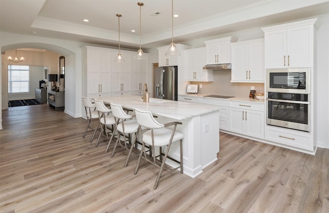 kitchen featuring a raised ceiling, stainless steel appliances, white cabinetry, and a kitchen island with sink