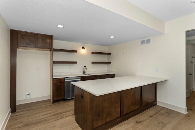 kitchen with visible vents, dishwasher, a peninsula, light wood-style floors, and open shelves