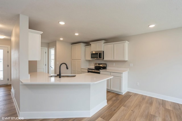 kitchen featuring appliances with stainless steel finishes, sink, white cabinets, kitchen peninsula, and light wood-type flooring