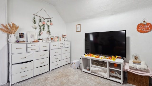 interior space with vaulted ceiling and light colored carpet