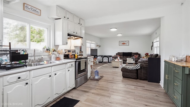 kitchen with white cabinetry, stainless steel electric range oven, light wood-type flooring, sink, and green cabinetry