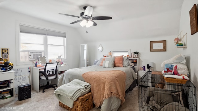 bedroom featuring lofted ceiling, cooling unit, light carpet, and ceiling fan