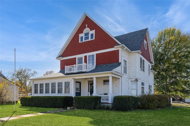 view of front of home with a porch, a balcony, and a front lawn