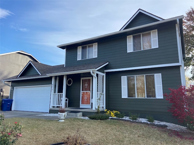 front facade with a garage and a front lawn