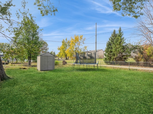 view of yard featuring a shed and a trampoline