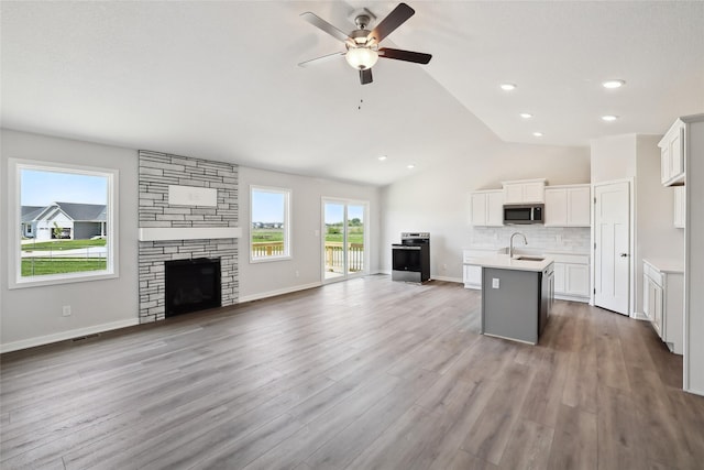 732 NE Deerfield Dr, Ankeny, IA 50021 - kitchen featuring stainless steel appliances, open floor plan, decorative backsplash, ceiling fan, and lofted ceiling