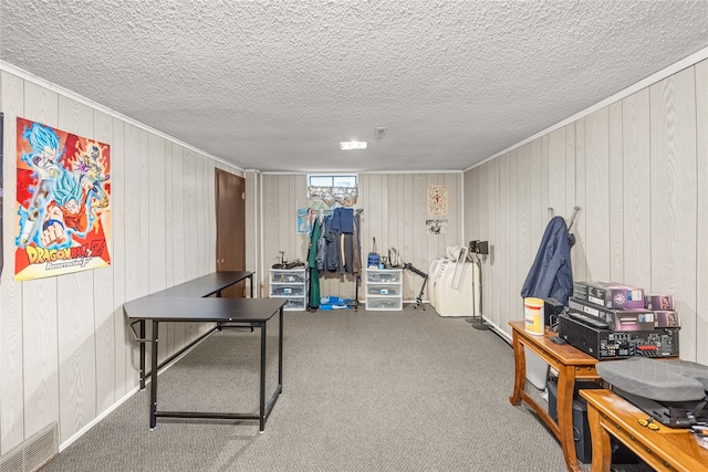 interior space with carpet, wood walls, and a textured ceiling