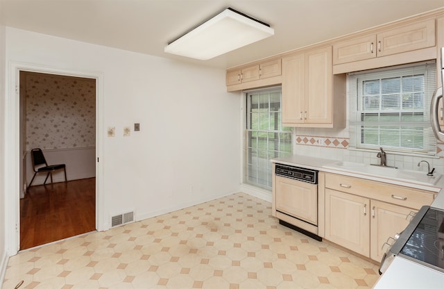 kitchen featuring sink, tasteful backsplash, dishwashing machine, and a wealth of natural light