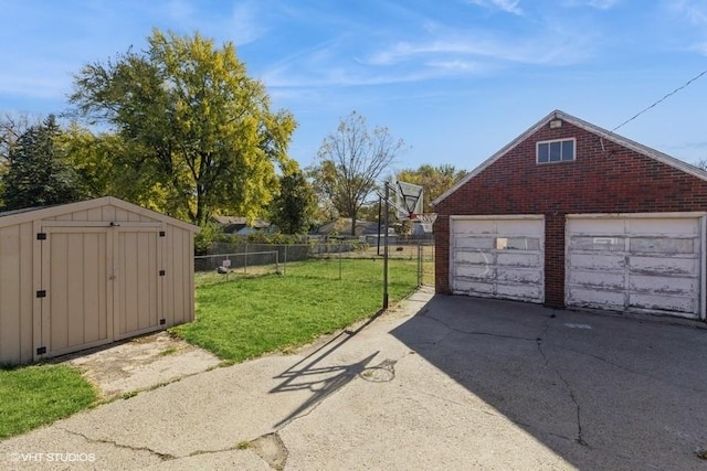 garage with a lawn