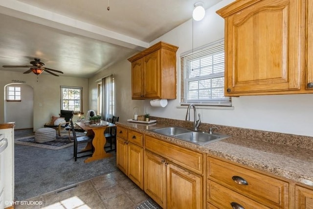 kitchen featuring ceiling fan and sink