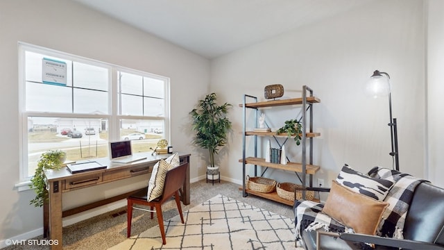 home office featuring light carpet