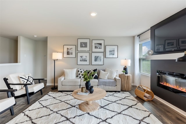 living room with dark hardwood / wood-style flooring