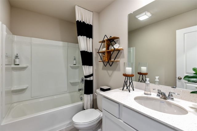 full bathroom featuring toilet, vanity, and shower / tub combo with curtain