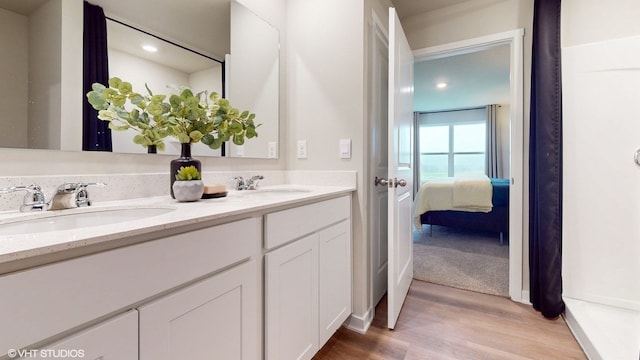 bathroom with hardwood / wood-style floors and vanity