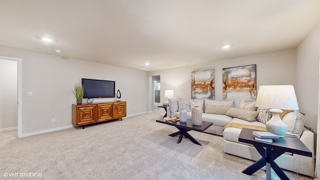 living room featuring light colored carpet