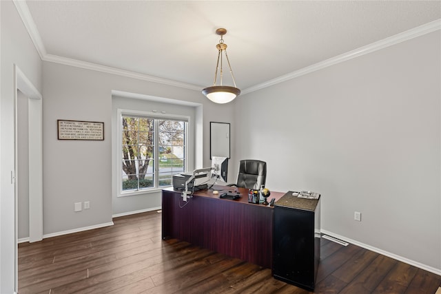 office featuring crown molding and dark hardwood / wood-style flooring