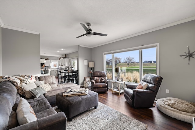 living room with crown molding, ceiling fan, and dark hardwood / wood-style flooring