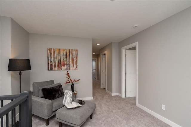 living area with light colored carpet