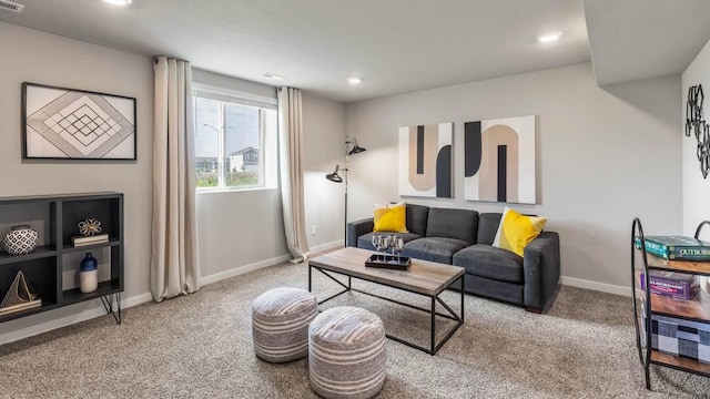 carpeted living room featuring visible vents, recessed lighting, and baseboards