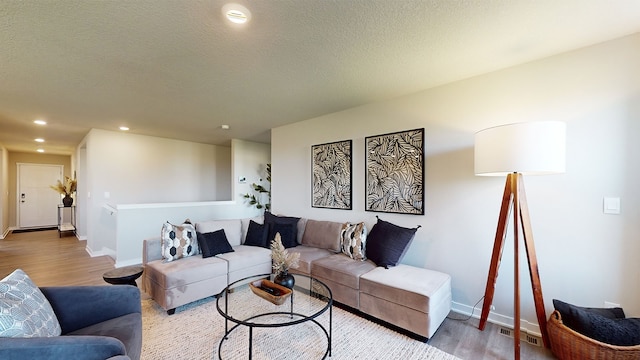 living room featuring a textured ceiling and wood-type flooring