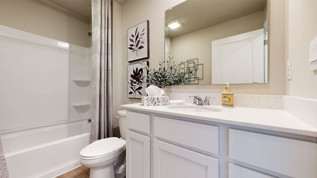 full bathroom featuring toilet, shower / bath combination with curtain, and vanity