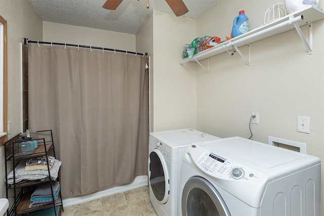 laundry area with ceiling fan, a textured ceiling, and separate washer and dryer