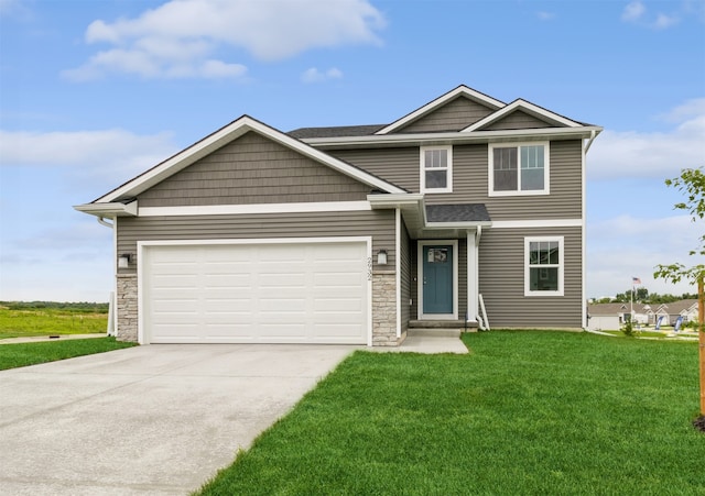 craftsman-style house featuring a garage, stone siding, concrete driveway, and a front yard