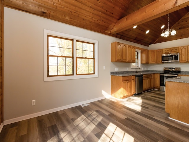 kitchen with hanging light fixtures, dark hardwood / wood-style flooring, wooden ceiling, lofted ceiling with beams, and stainless steel appliances