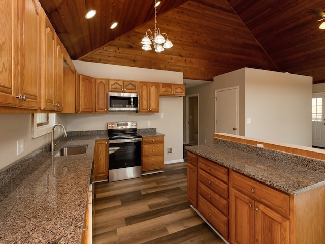 kitchen with stainless steel appliances, sink, decorative light fixtures, high vaulted ceiling, and dark hardwood / wood-style flooring