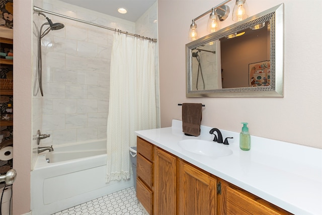 bathroom featuring vanity, shower / tub combo with curtain, and tile patterned floors